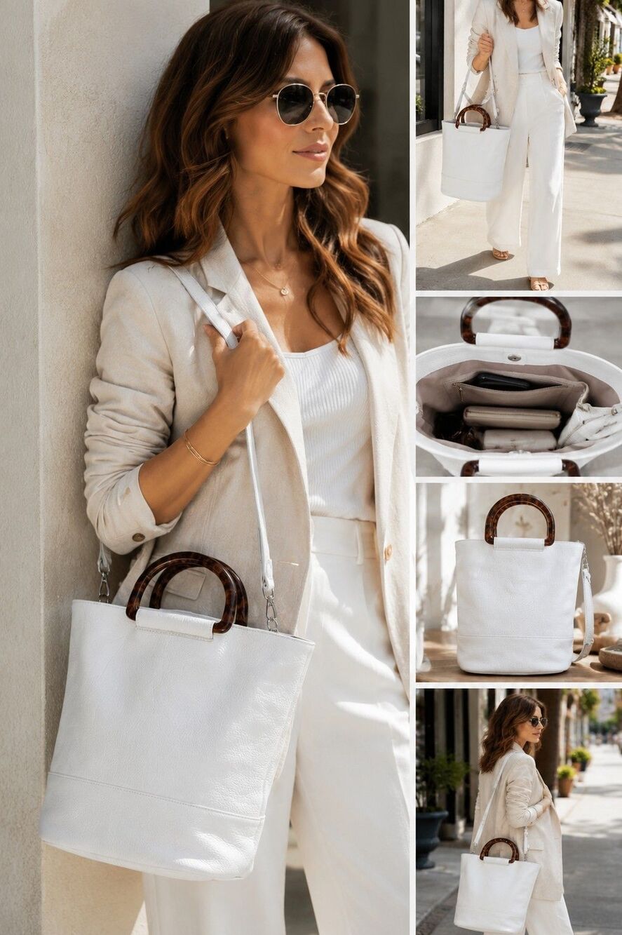 7 For All Mankind Leather Bucket Bag Tortoise Handles Quiet Luxury Coastal Chic